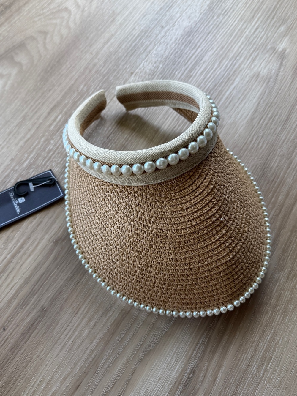 Pearl-Trim Straw Visor in Beige